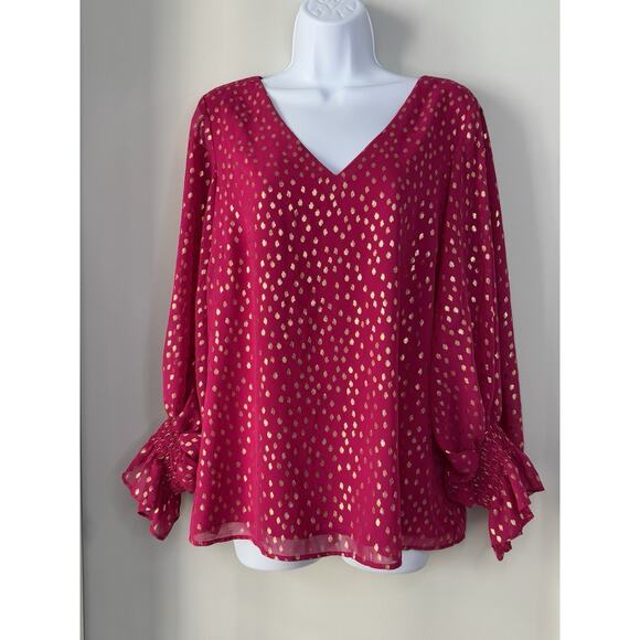 Vince Camuto Tops - Vince Camuto Ruffle Blouse M Fuchsia Rose Pink Gold Polka Dots Ruched Sleeves